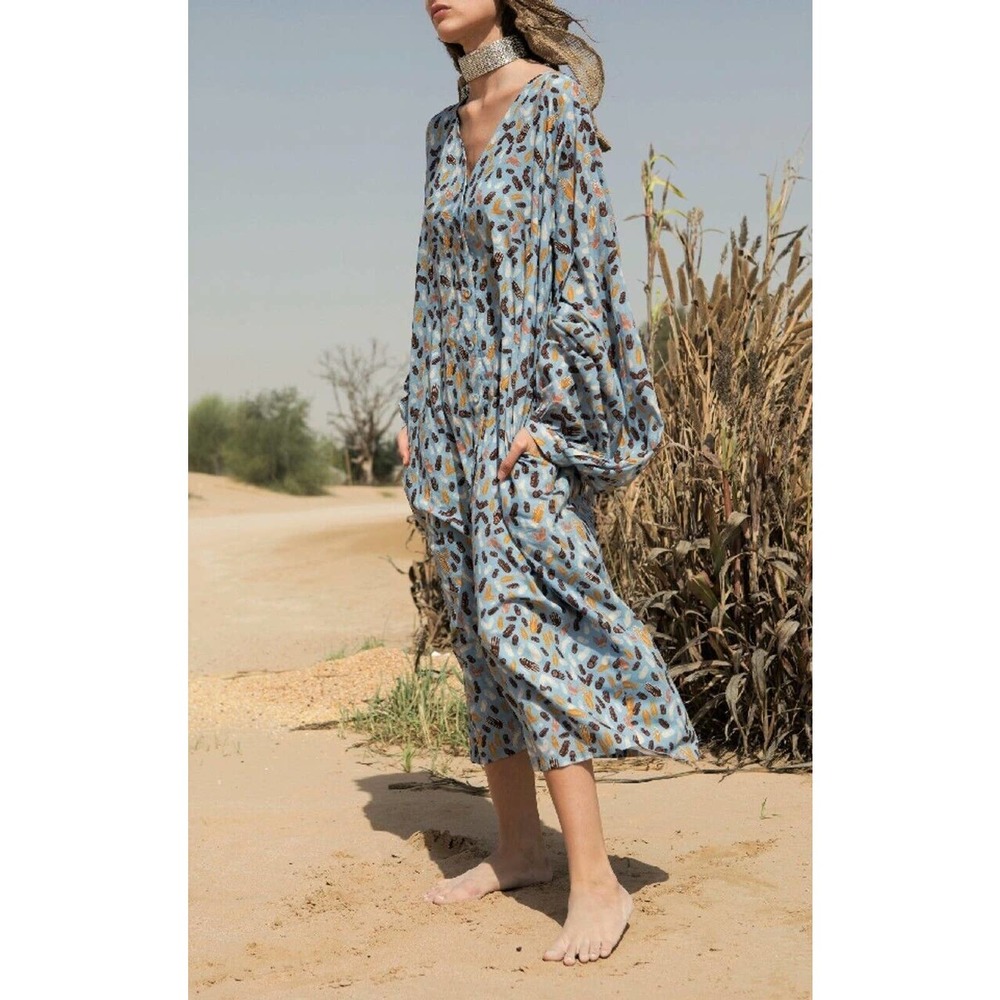 All Things Mochi Talia Kaftan Dress Balloon Sleeve Embroidered Hand Print L Blue